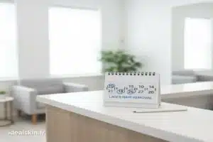 تصویر تقویم کلینیک با تاریخهای مشخص شده برای جلسات لیزر موهای زائد و نمایش فاصله مناسب بین جلسات