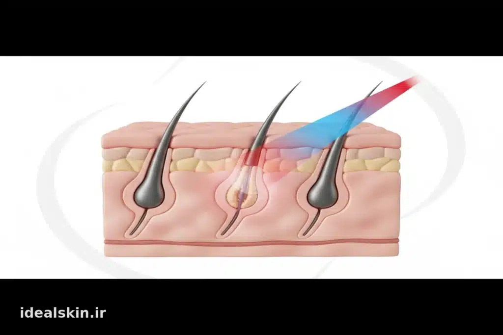 تصویر علمی پرتو لیزر روی فولیکول مو در فاز رشد آناژن برای توضیح اهمیت فاصله بین جلسات لیزر موهای زائد