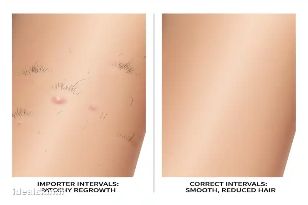 مقایسه نتایج قبل و بعد از رعایت فاصله استاندارد بین جلسات لیزر موهای زائد؛ سمت چپ نتیجه ضعیف و سمت راست پوست صاف