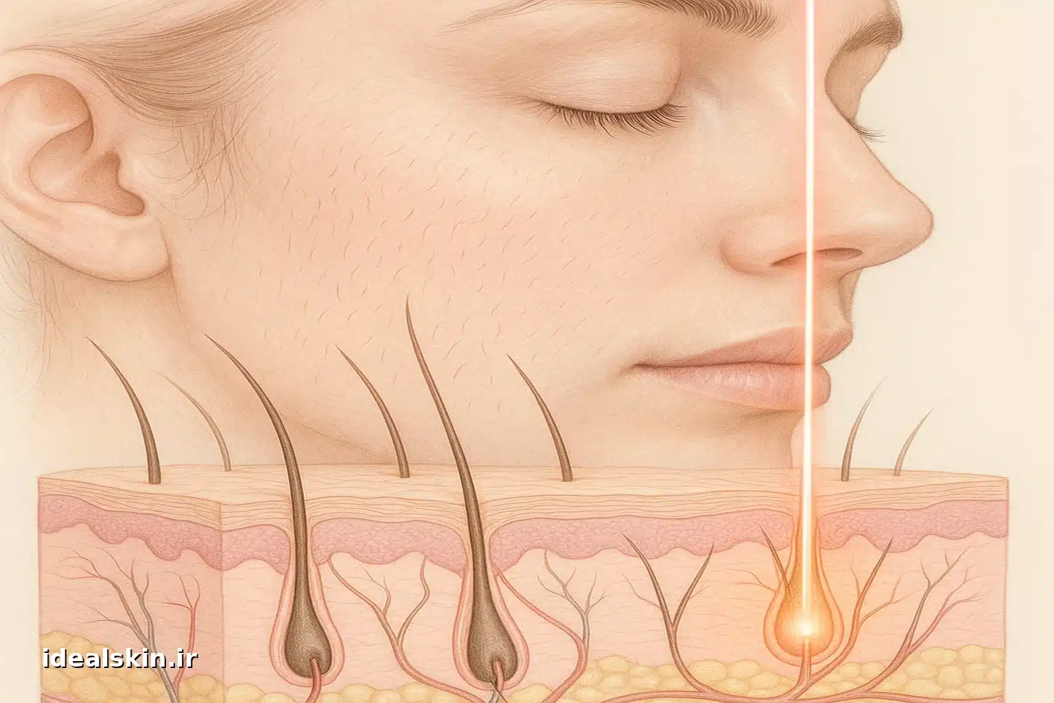 تصویر علمی از عملکرد لیزر مو کرکی روی فولیکول‌های موی نازک صورت