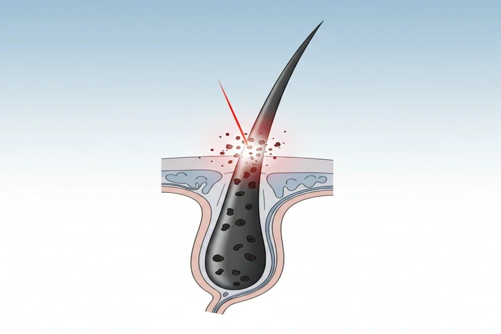 تصویر علمی فولیکول مو با ملانین هدف گرفته شده توسط لیزر