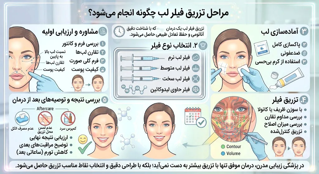 مراحل تزریق فیلر لب چگونه انجام می‌شود؟