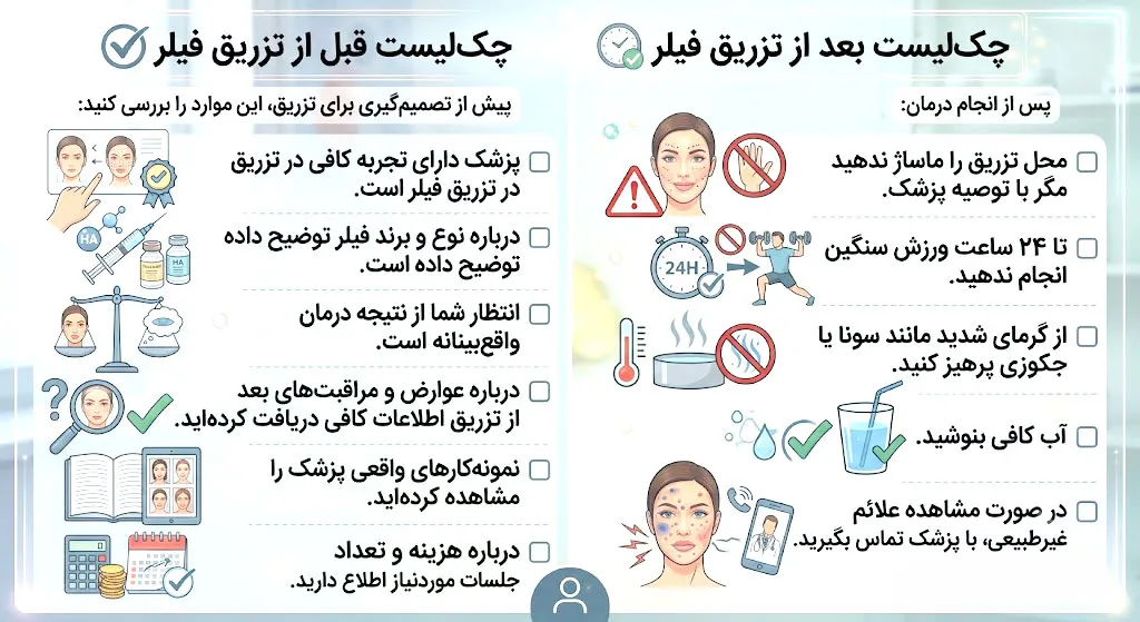 چک‌لیست قبل و بعد از تزریق فیلر